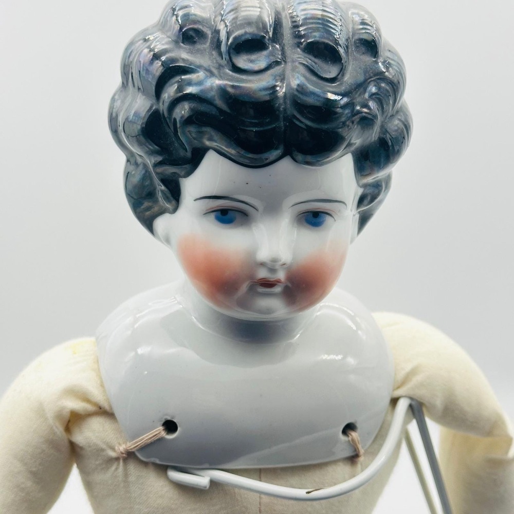 Antique Porcelain Doll 21" #6 German Head Black Hair Blue Eyes Includes Stand